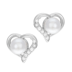 Boucles d'oreilles en argent rhodié, oxydes de zirconium et perle synthétique, coeur 