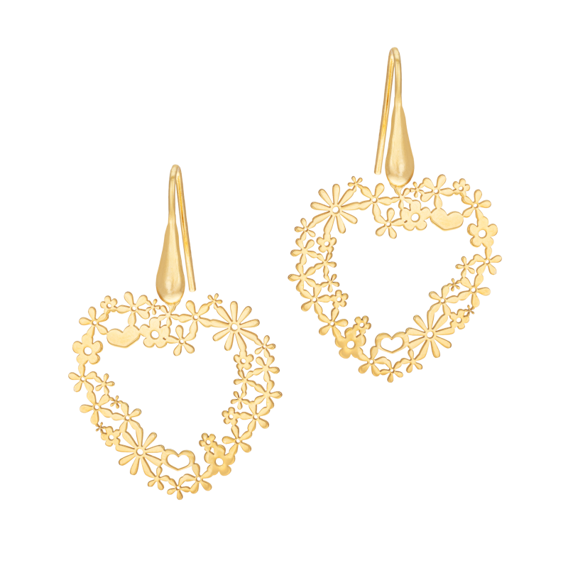 Boucles d'oreilles en argent doré, coeur fleuri