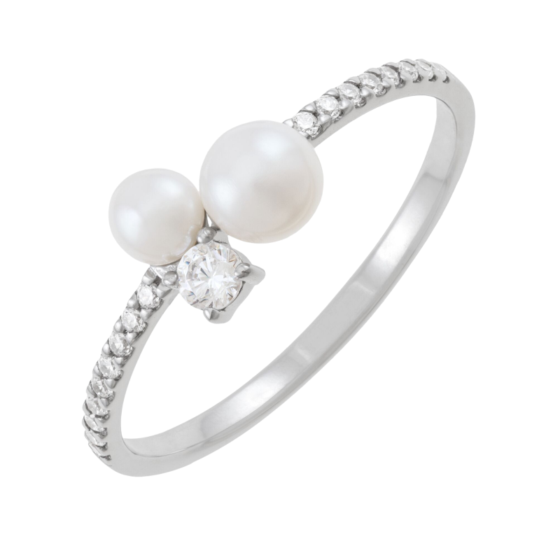 Bague en or gris, perles de culture et oxydes de zirconium