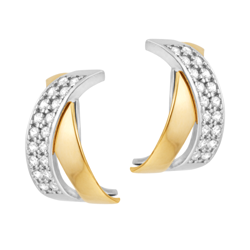 Boucles d'oreilles en or jaune et argent rhodié, oxydes de zirconium, croisées