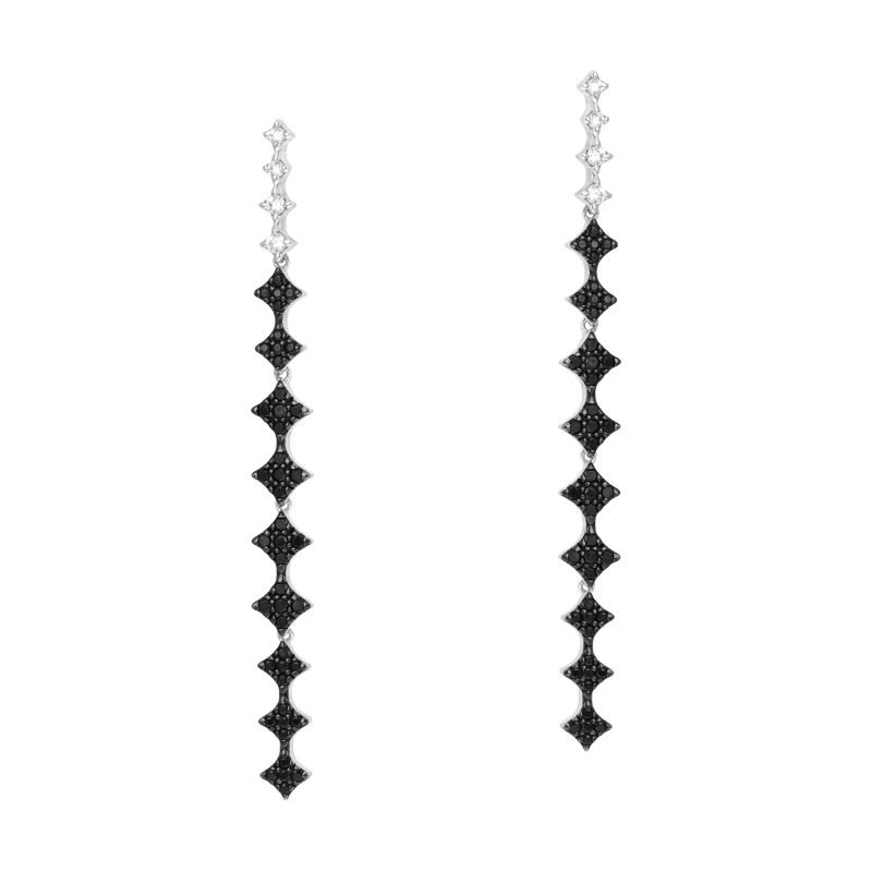 Boucles d'oreilles en argent rhodié et rhodié noir, oxydes de zirconium noirs et blancs