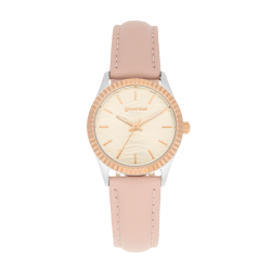 Montre femme, boite en acier gris et rose, bracelet en cuir rose, verre minéral