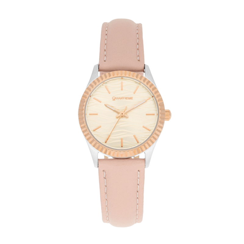 Montre femme, boite en acier gris et rose, bracelet en cuir rose, verre minéral