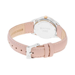 Montre femme, boite en acier gris et rose, bracelet en cuir rose, verre minéral