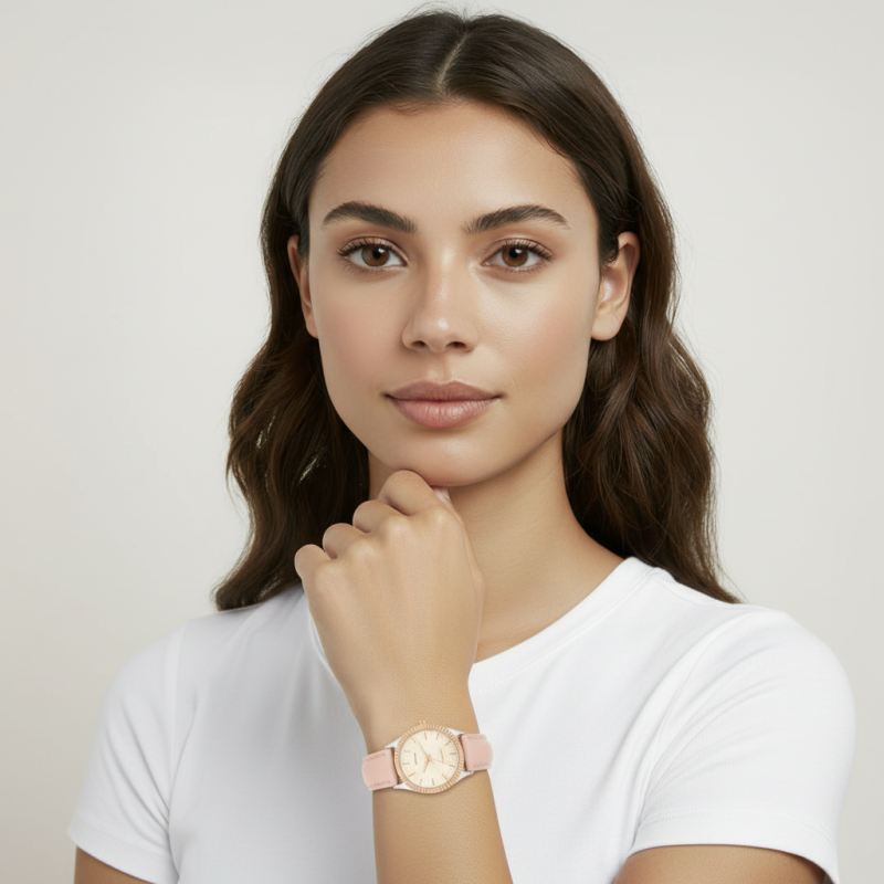 Montre femme, boite en acier gris et rose, bracelet en cuir rose, verre minéral