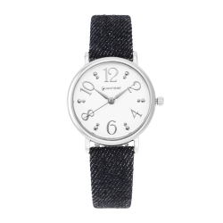 Montre femme, boite en acier, bracelet en cuir et denim foncé, verre minéral