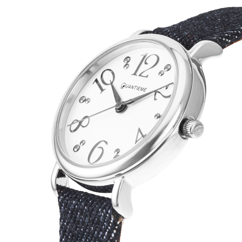 Montre femme, boite en acier, bracelet en cuir et denim foncé, verre minéral