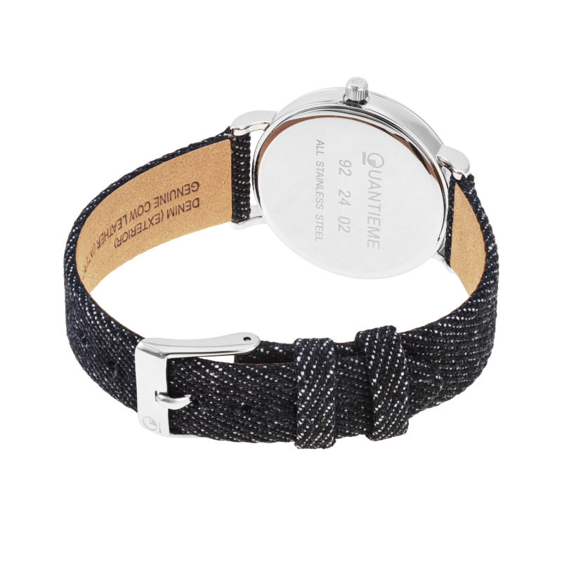 Montre femme, boite en acier, bracelet en cuir et denim foncé, verre minéral