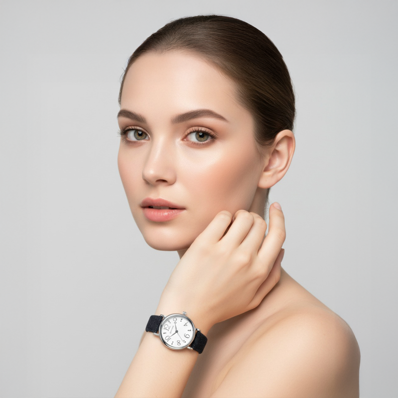 Montre femme, boite en acier, bracelet en cuir et denim foncé, verre minéral