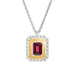 Collier en or jaune et argent rhodié, rhodolite octogonale et oxydes de zirconium