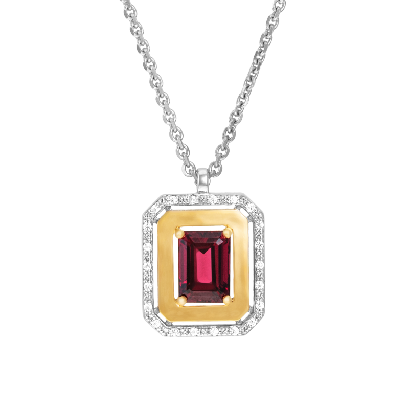 Collier en or jaune et argent rhodié, rhodolite octogonale et oxydes de zirconium