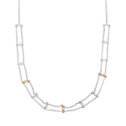 Collier en or jaune et argent rhodié, oxydes de zirconium, double chaîne