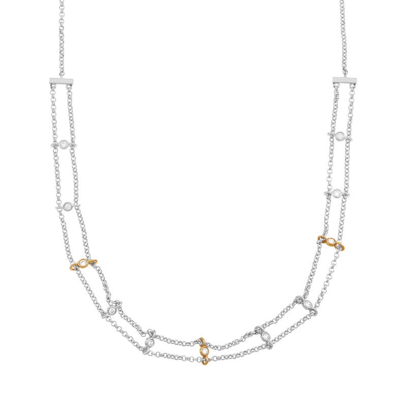 Collier en or jaune et argent rhodié, oxydes de zirconium, double chaîne