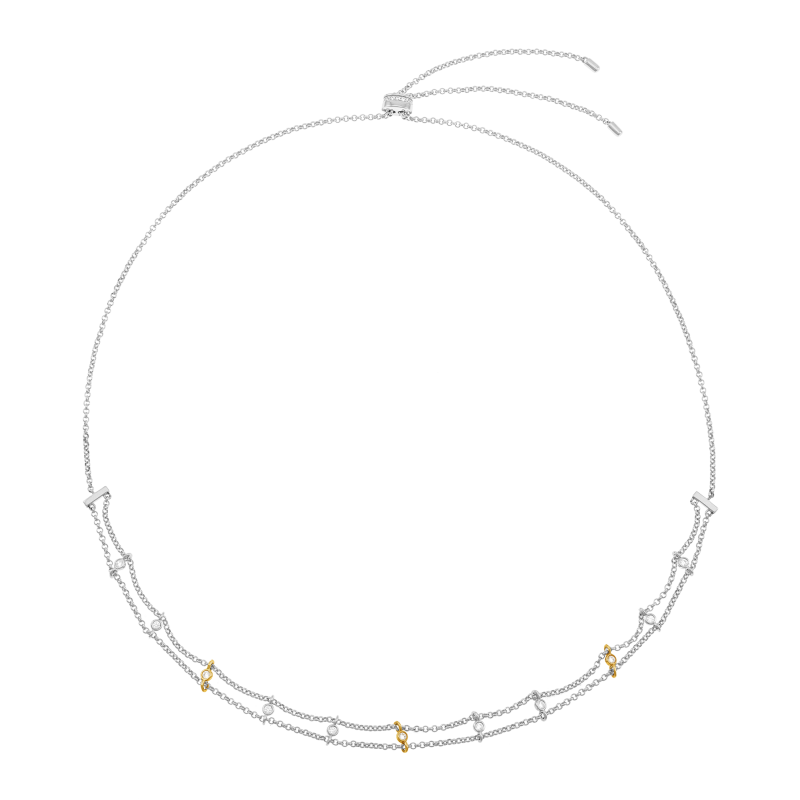 Collier en or jaune et argent rhodié, oxydes de zirconium, double chaîne