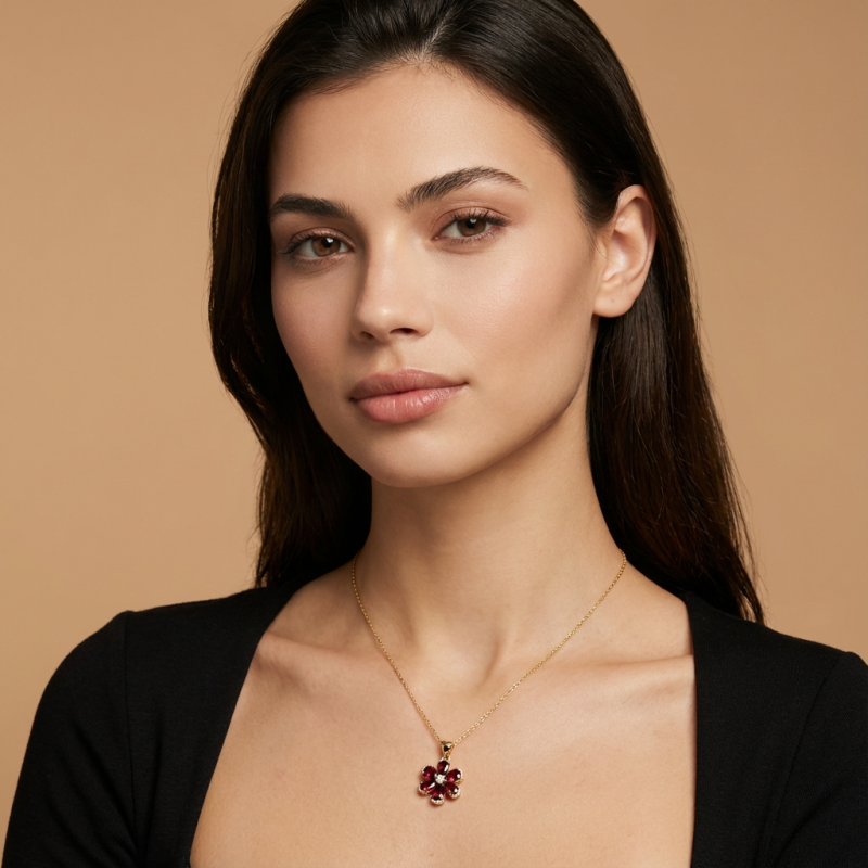 Pendentif en or jaune, rhodolites et diamants