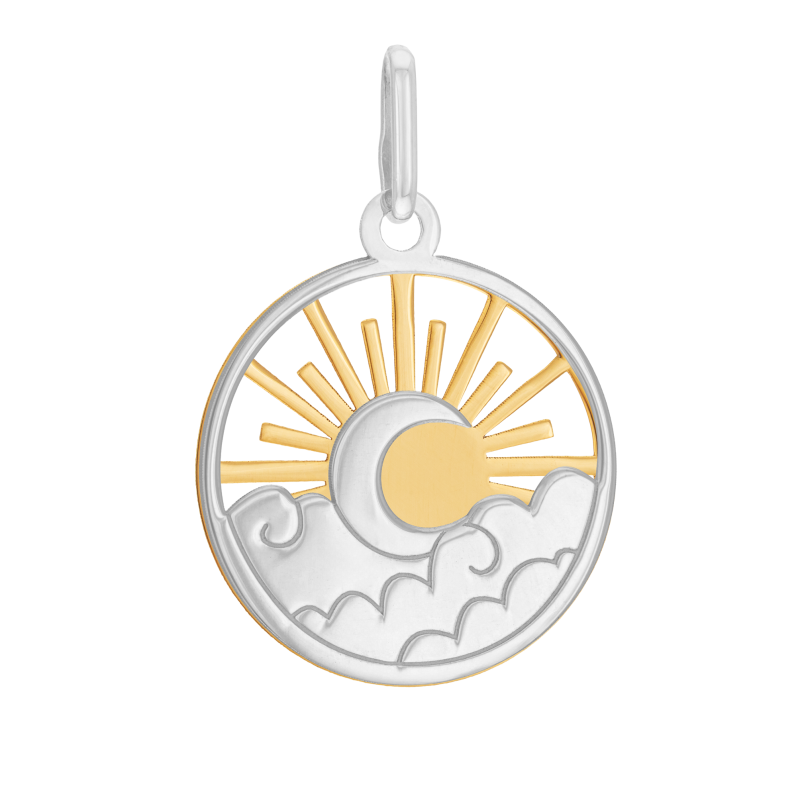 Pendentif en or jaune et argent rhodié, lune et soleil
