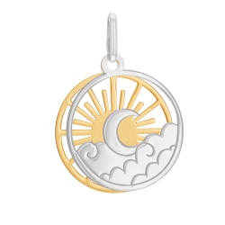 Pendentif en or jaune et argent rhodié, lune et soleil