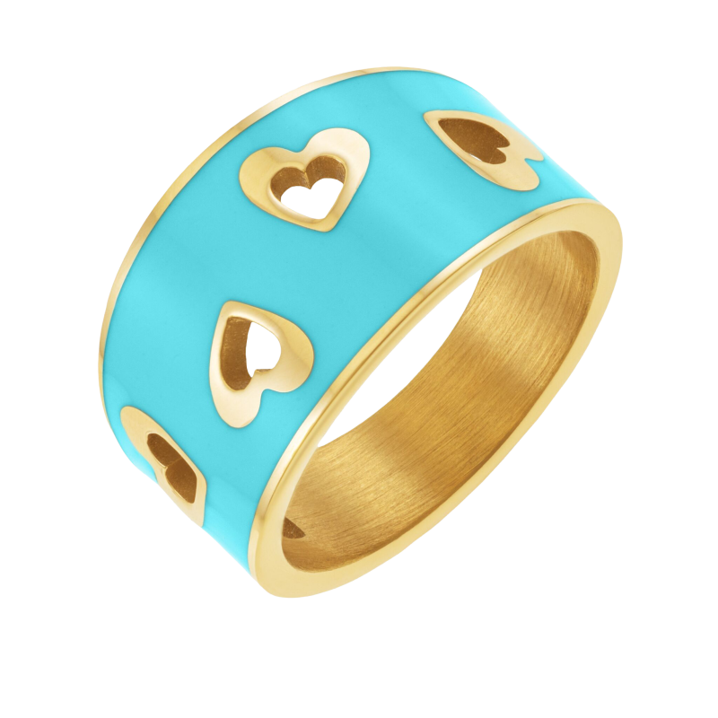 Bague en acier doré et laque bleue, coeur