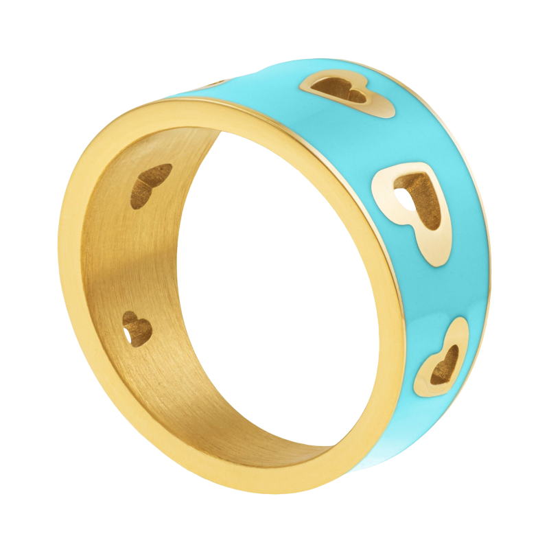 Bague en acier doré et laque bleue, coeur