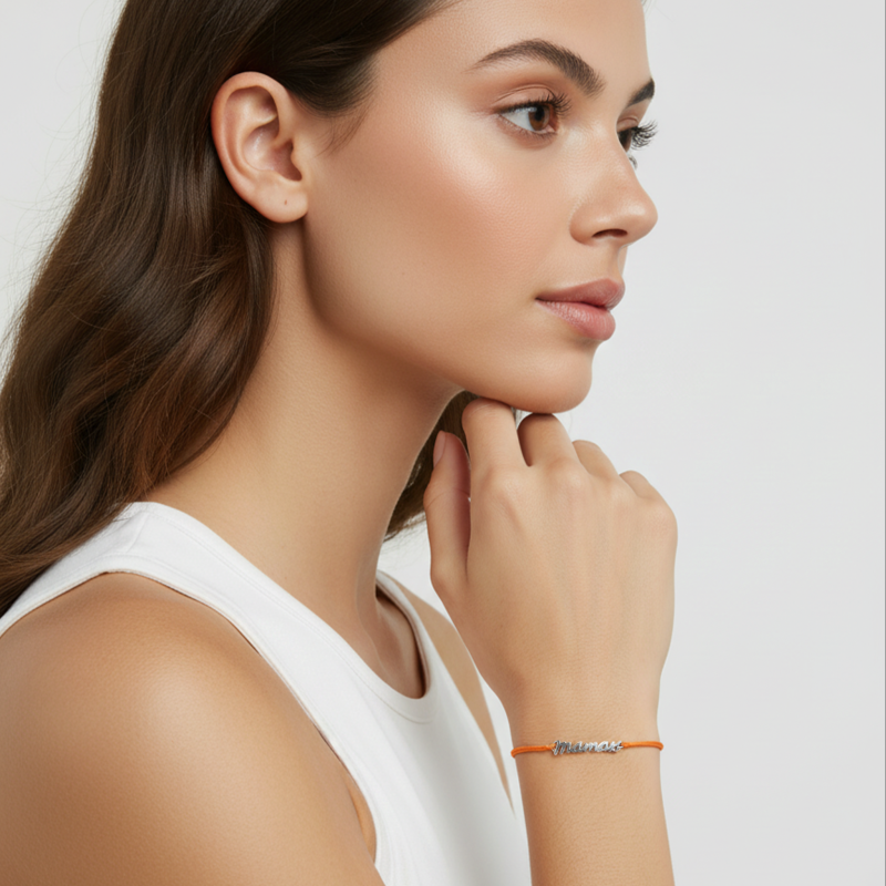Bracelet en argent rhodié et cordon orange, Maman